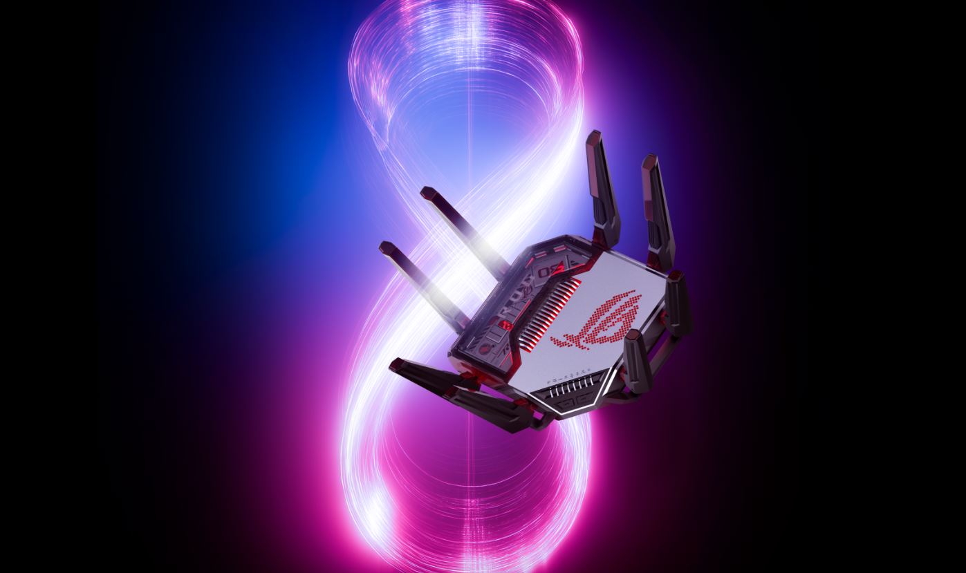 Routeur gaming ASUS ROG avec antennes proéminentes, sur un fond aux couleurs violettes et bleues avec le logo ROG.