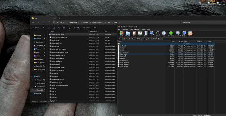 Capture d'écran de l'explorateur de fichiers montrant le chemin d'accès vers le dossier 'x64' de Cyberpunk 2077, avec les fichiers .dll et .bin visibles ainsi qu'une archive RAR nommée 'SL 2.13.rar'.