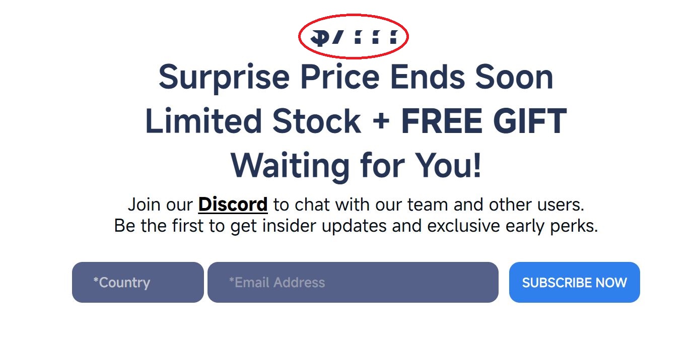 A promotional message with the text 'Surprise Price Ends Soon' and 'Limited Stock + FREE GIFT' invites users to join Discord and subscribe for updates, with login fields for 'Country' and 'Email Address'.