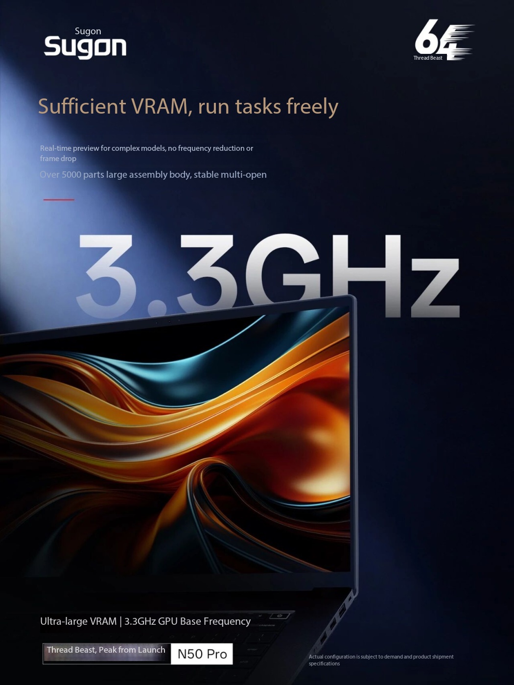 Une image promotionnelle Sugon présente le N50 Pro avec une fréquence de base du GPU à '3,3 GHz' et une mention 'VRAM Ultra-large'. Elle met en avant ses performances et sa capacité d'aperçu de modèles en temps réel.