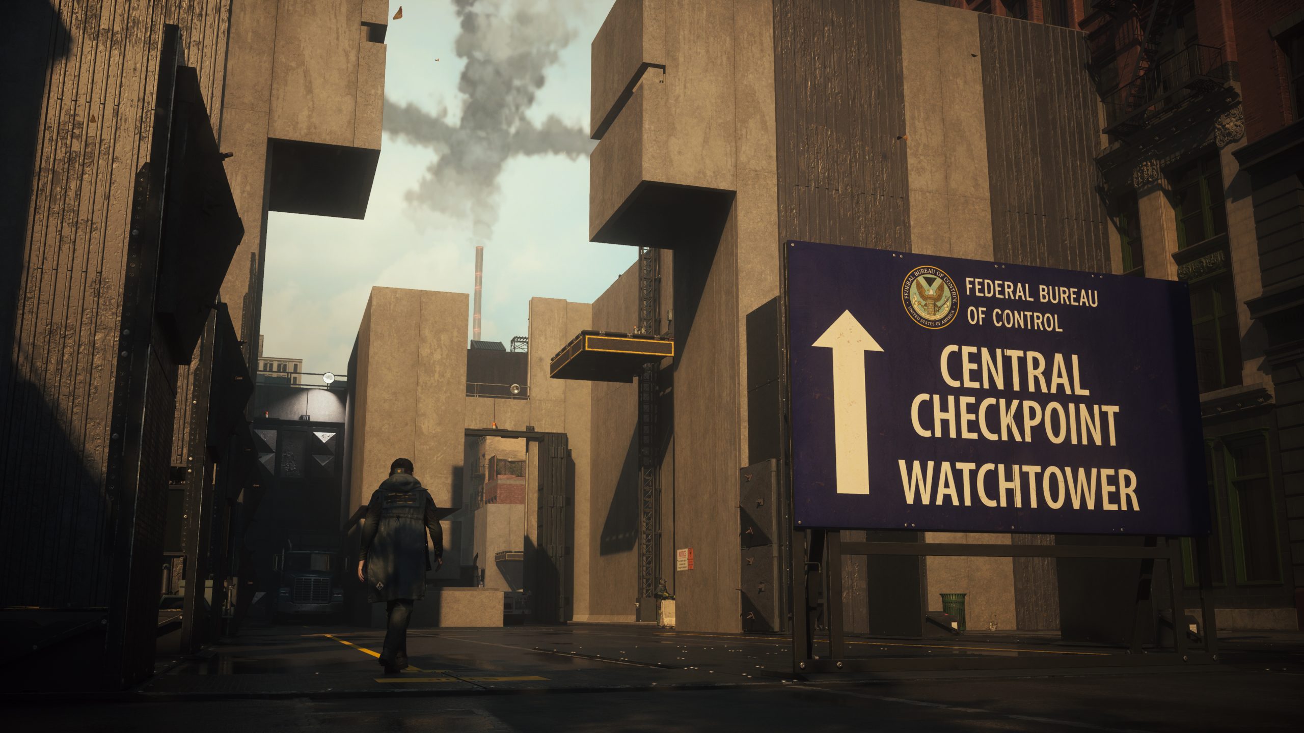 Dylan s'approche d'une structure imposante marquée 'Federal Bureau of Control Central Checkpoint Watchtower'.