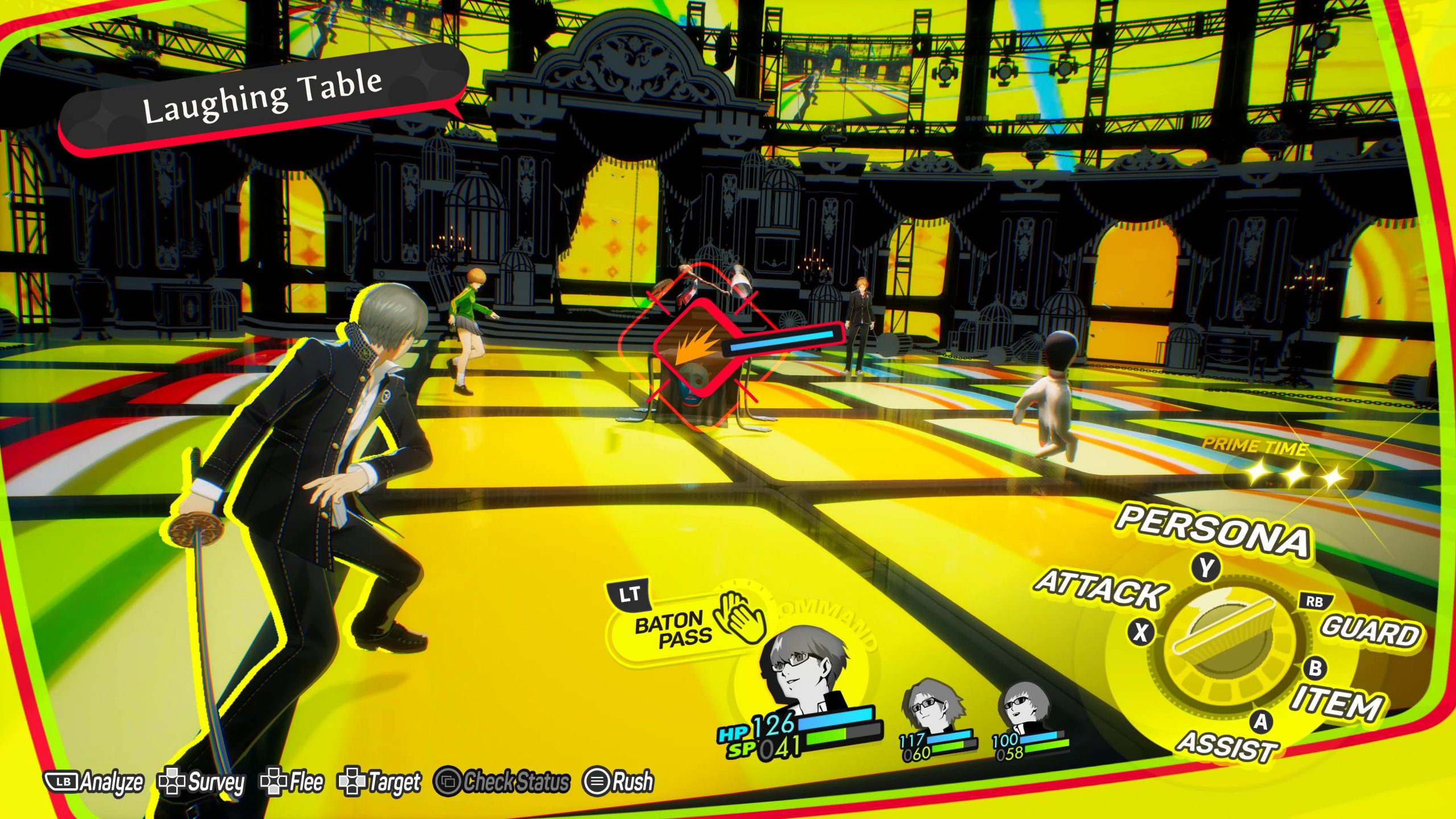 The image shows a battle scene from 'Persona 4 Golden' featuring the main character with options like 'Persona', 'Attack', 'Guard', and 'Item' visible on the screen, while targeting an enemy named 'Laughing Table'.