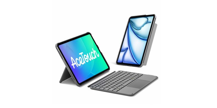 Deux tablettes AceTouch, l'une affichant 'AceTouch' et l'autre avec des lignes bleues abstraites, positionnées avec un clavier détachable.