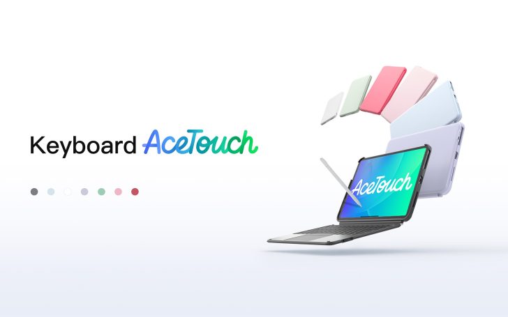 Un ordinateur portable avec un clavier détachable et un stylet étiqueté 'AceTouch' est montré aux côtés de cinq coques de couleurs différentes.