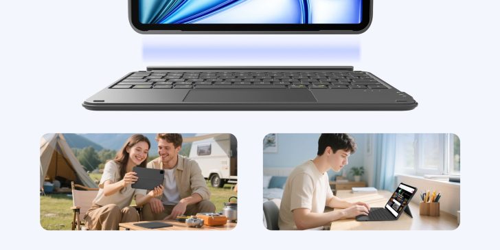 Une tablette avec un clavier est montrée, avec une image d'un couple utilisant l'appareil en extérieur près d'un camping-car et une autre d'une personne travaillant avec à un bureau en intérieur.