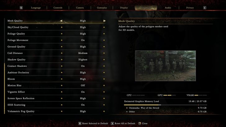 Menu Graphique partie 2 d'Onimusha, montrant la qualité des maillages et l'utilisation estimée de la mémoire graphique.