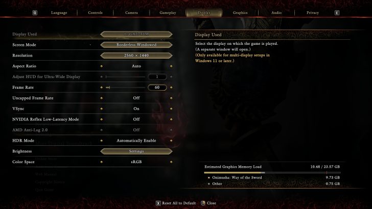Menu Affichage d'Onimusha montrant les paramètres de résolution et de mode d'écran.
