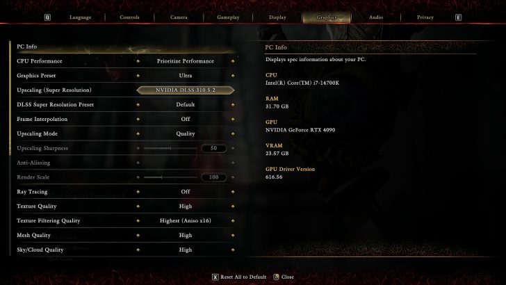 Menu Graphique partie 1 d'Onimusha, montrant les paramètres d'upscaling et les informations système.