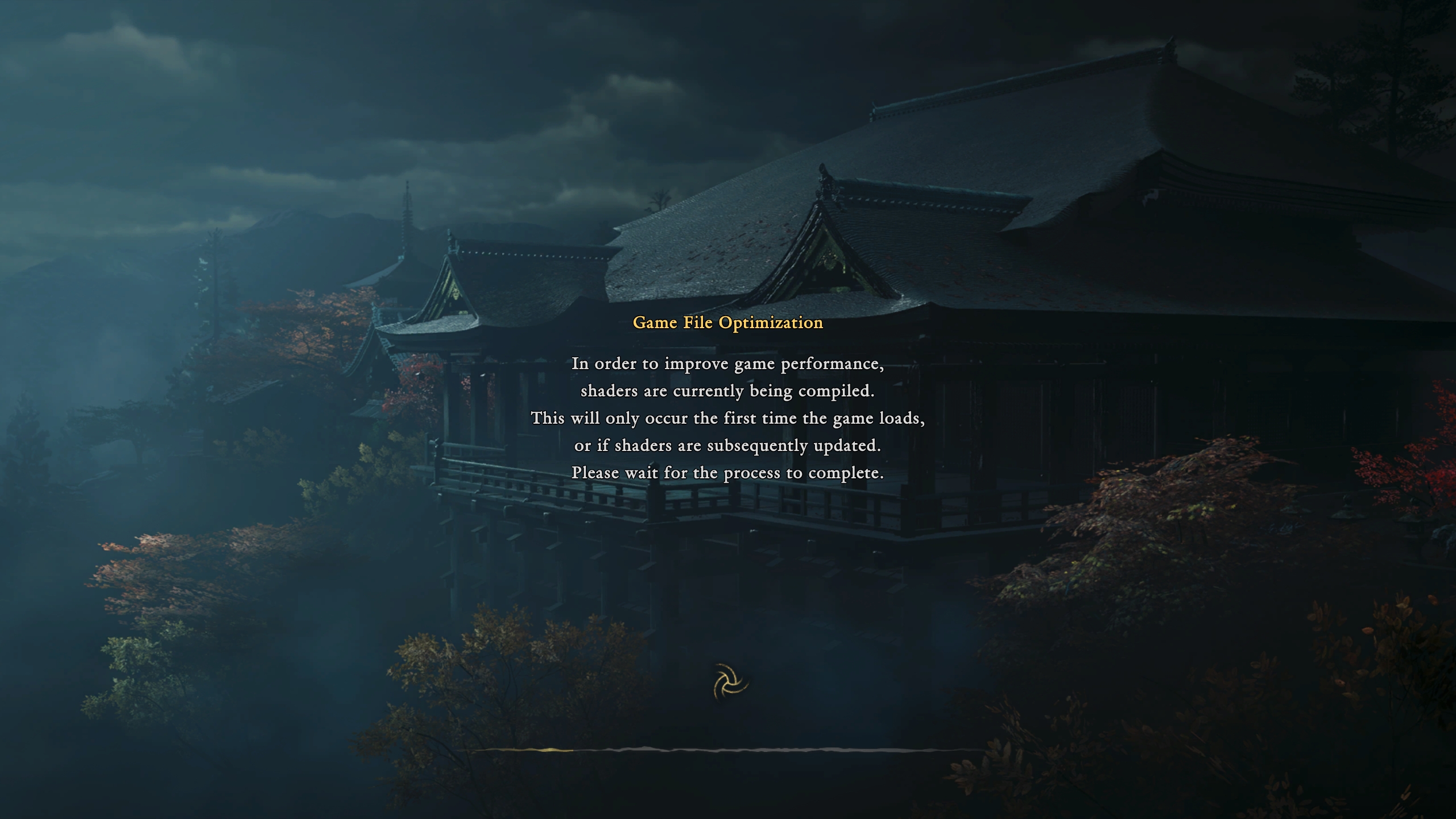 Écran d'optimisation des fichiers de jeu d'Onimusha indiquant la compilation des shaders pour améliorer les performances.
