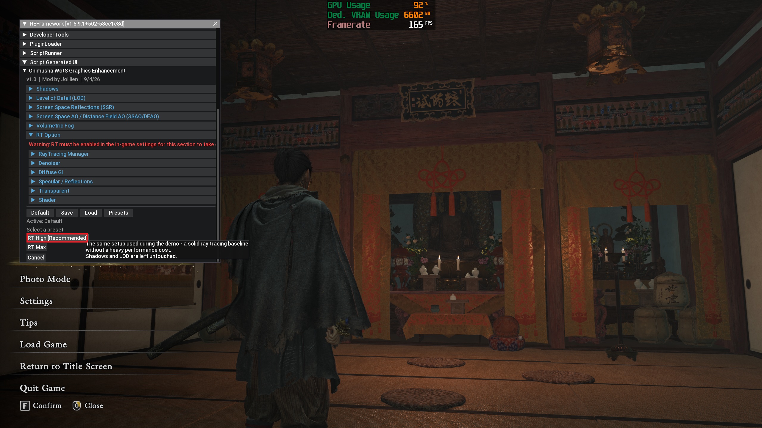 Menu de configuration du mod REFramework dans Onimusha, montrant la sélection du préréglage RT High.