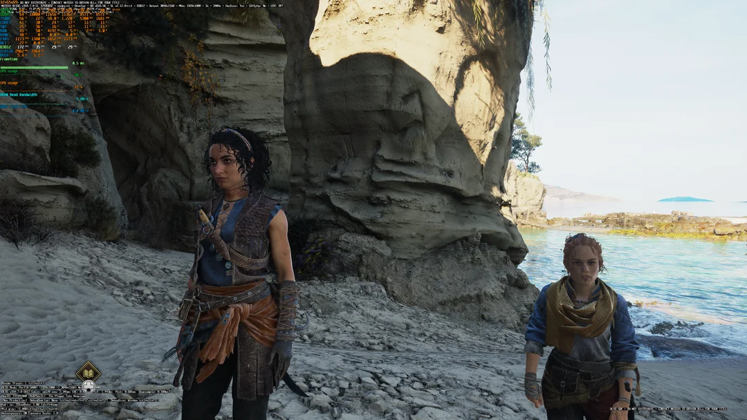Deux personnages sur une plage rocheuse dans le jeu Forspoken, avec un overlay de performances affichant des statistiques GPU et CPU.