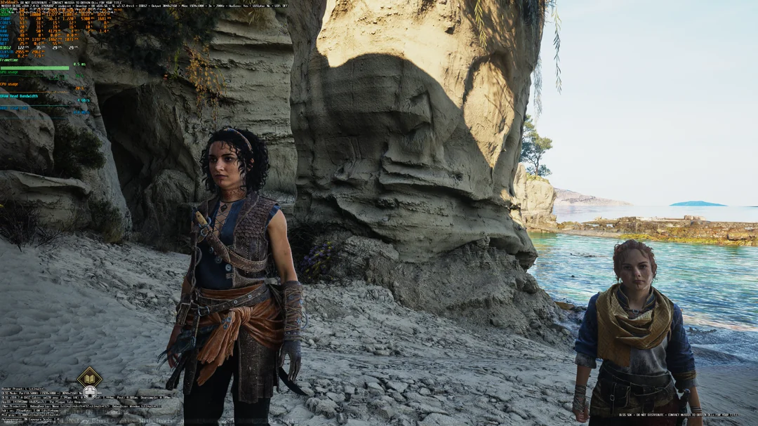 Deux personnages du jeu 'Forspoken' debout sur une plage rocheuse avec des statistiques système affichées en haut à gauche.