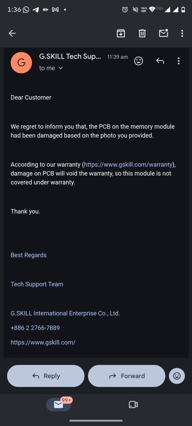G.SKILL rejette une RMA à cause d'un petit éclat sur le PCB de la RAM