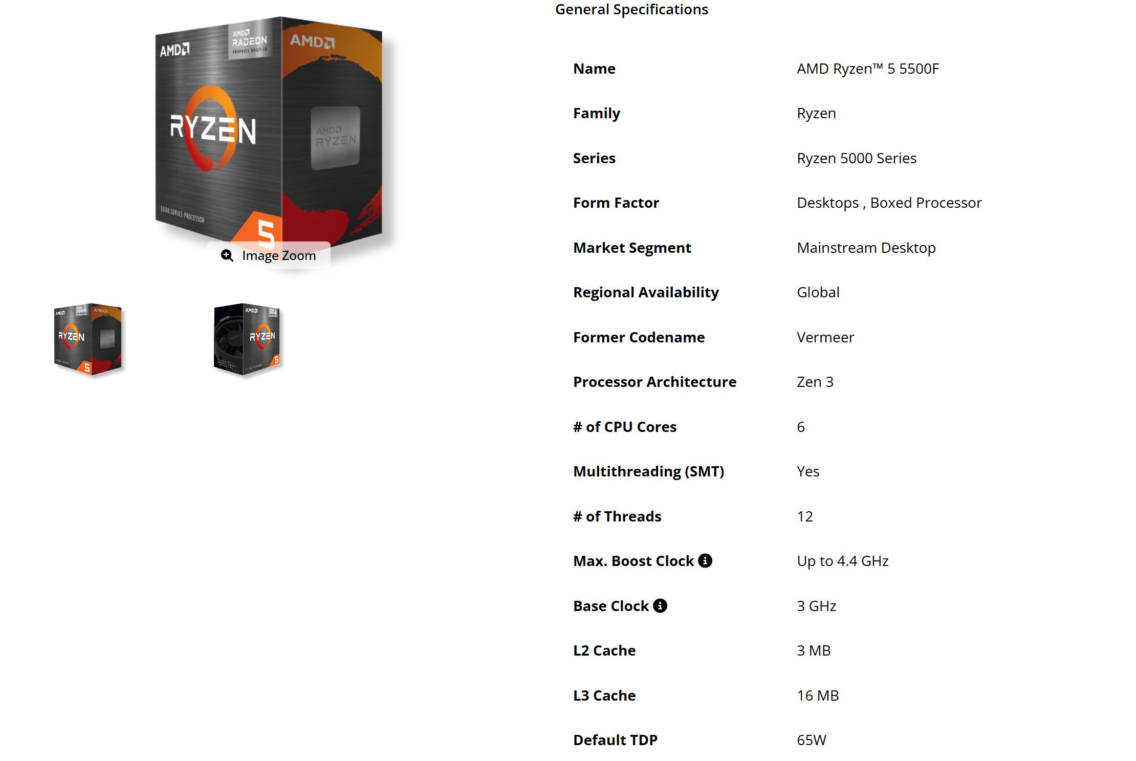 The image shows the AMD Ryzen 5 5500F processor box alongside a detailed specification list, highlighting it as a 6-core Zen 3 CPU with a max boost clock of up to 4.4 GHz and a default TDP of 65W.