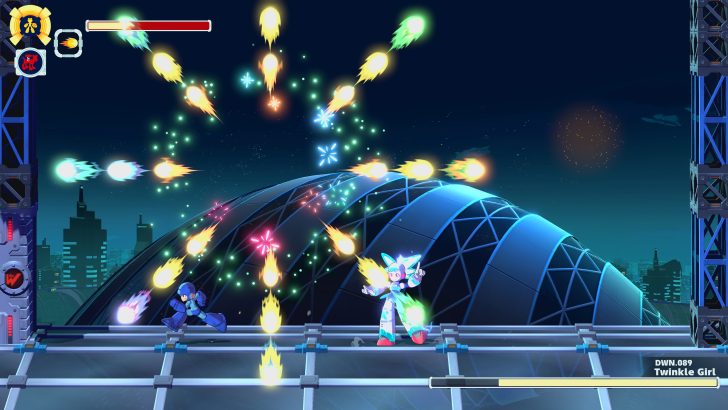 Une scène de Mega Man montre le héros face à DWN.089 Twinkle Girl sous un ciel nocturne rempli de projectiles colorés.