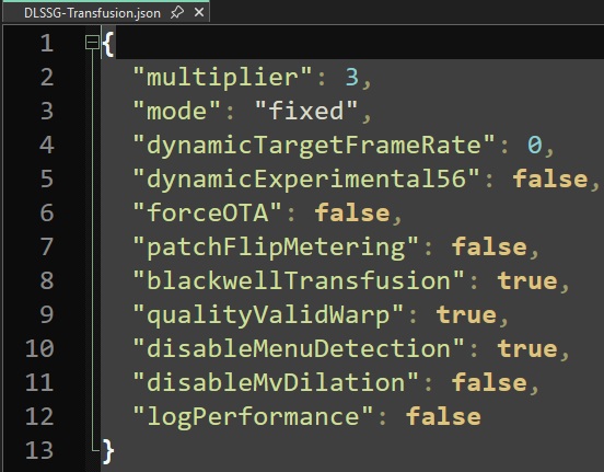 Un fichier de configuration JSON intitulé 'DLSSG-Transfusion.json' affiche divers paramètres, dont un 'multiplier' à 3 et 'blackwellTransfusion' à true.