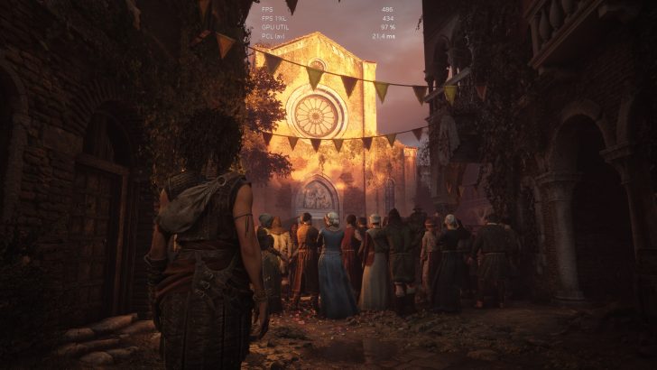 Une scène du jeu A Plague Tale: Requiem montre un personnage observant une foule rassemblée près d'une façade d'église illuminée, avec des métriques de performance affichant 'FPS 486', 'FPS 1% 434', 'GPU UTIL 97%' et 'PCL (av) 21.4 ms'.
