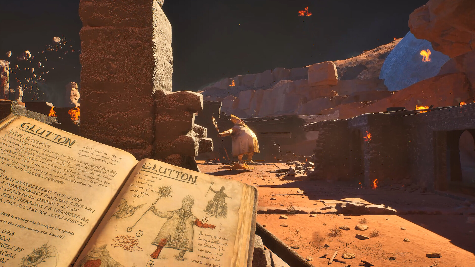 Scène de combat dans un environnement ravagé, avec un personnage tenant un livre ouvert intitulé 'GLUTTON' montrant des illustrations et du texte sur une créature.