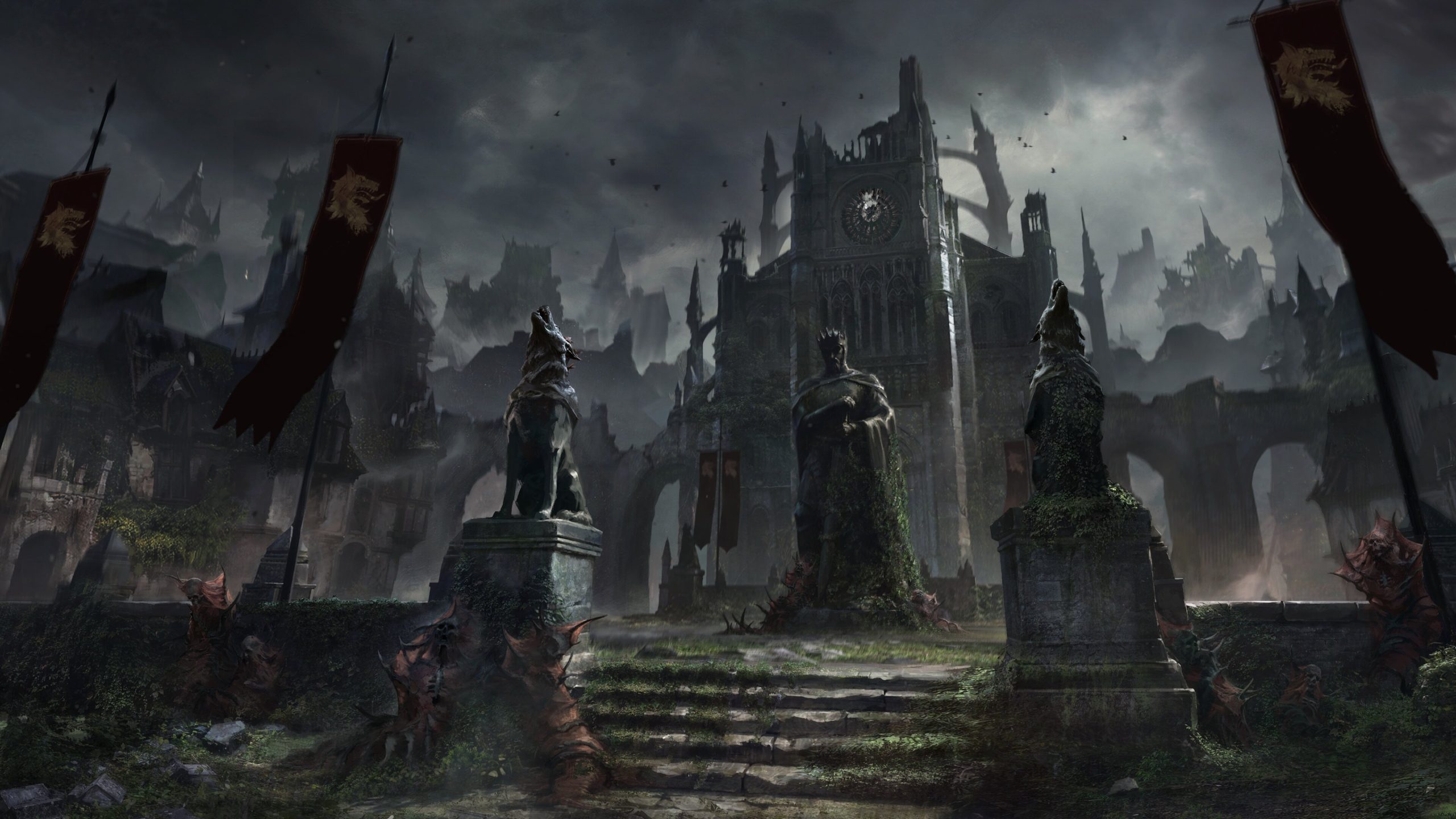 Un château gothique sombre se dresse au milieu de ruines, sous un ciel orageux, dans un environnement médiéval-fantastique.