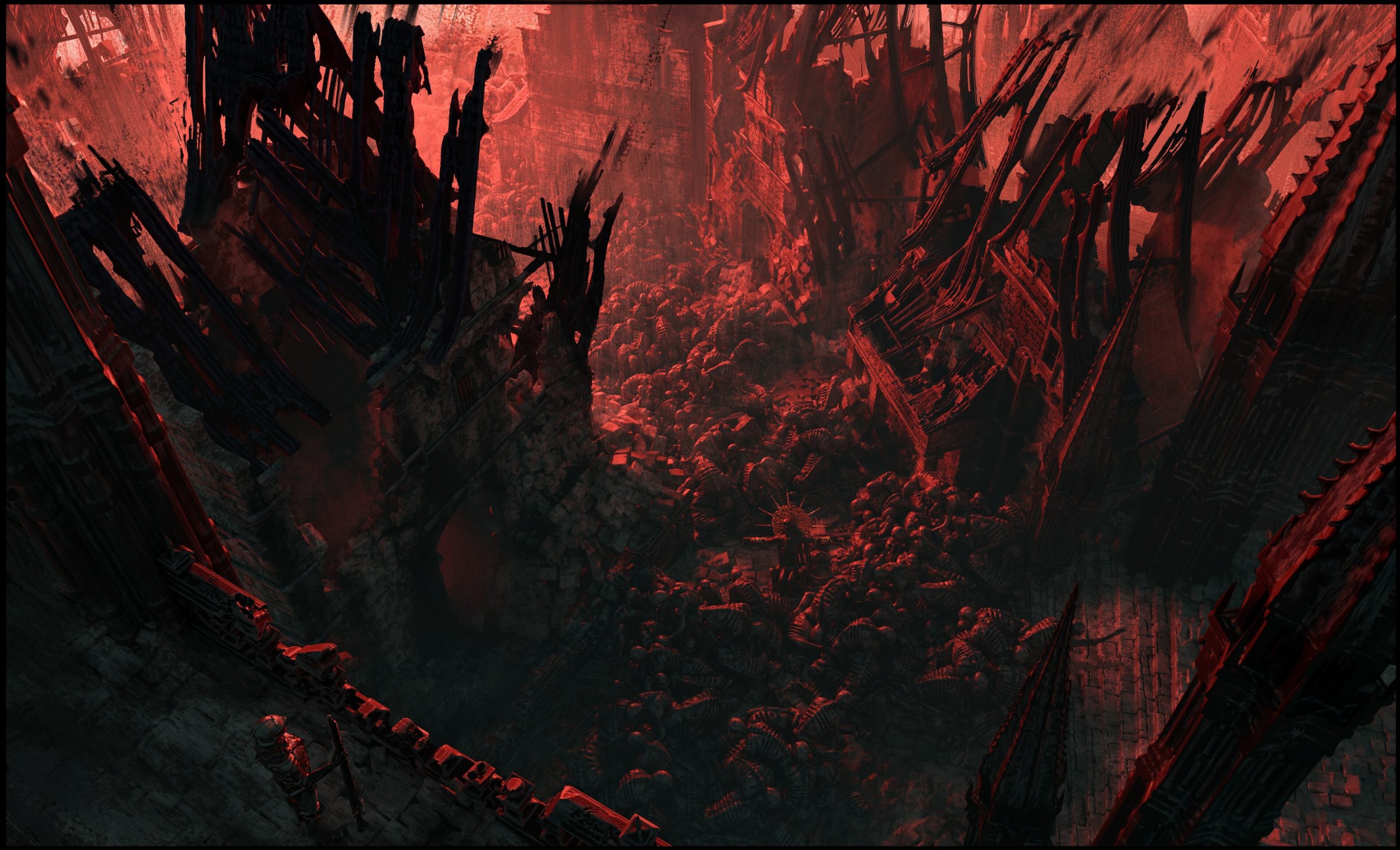 Un personnage se tient au bord d'un gouffre sombre et rougeoyant, rempli de restes squelettiques et d'architecture en ruine, dans Diablo IV.