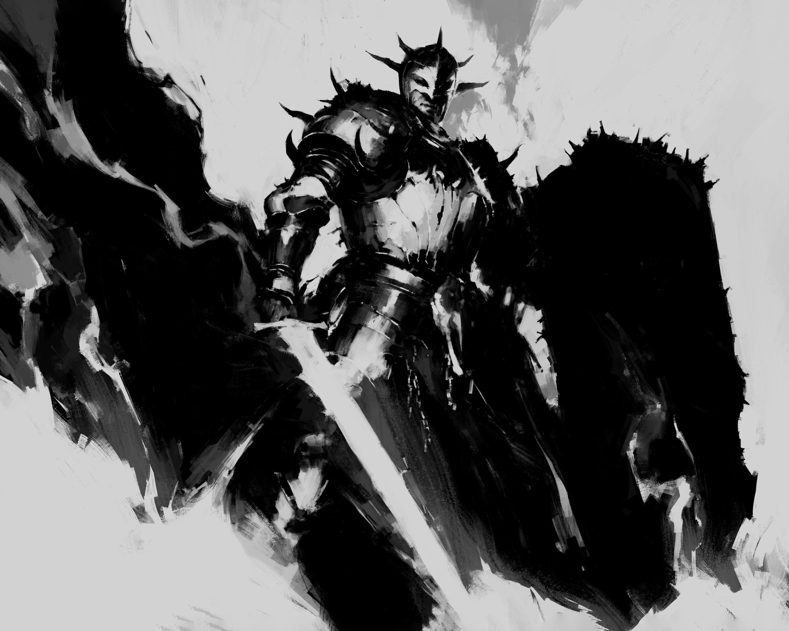 Illustration en noir et blanc d'un chevalier lourdement armé, maniant une grande épée et un bouclier, avec une énergie sombre et flamboyante émanant autour de lui.