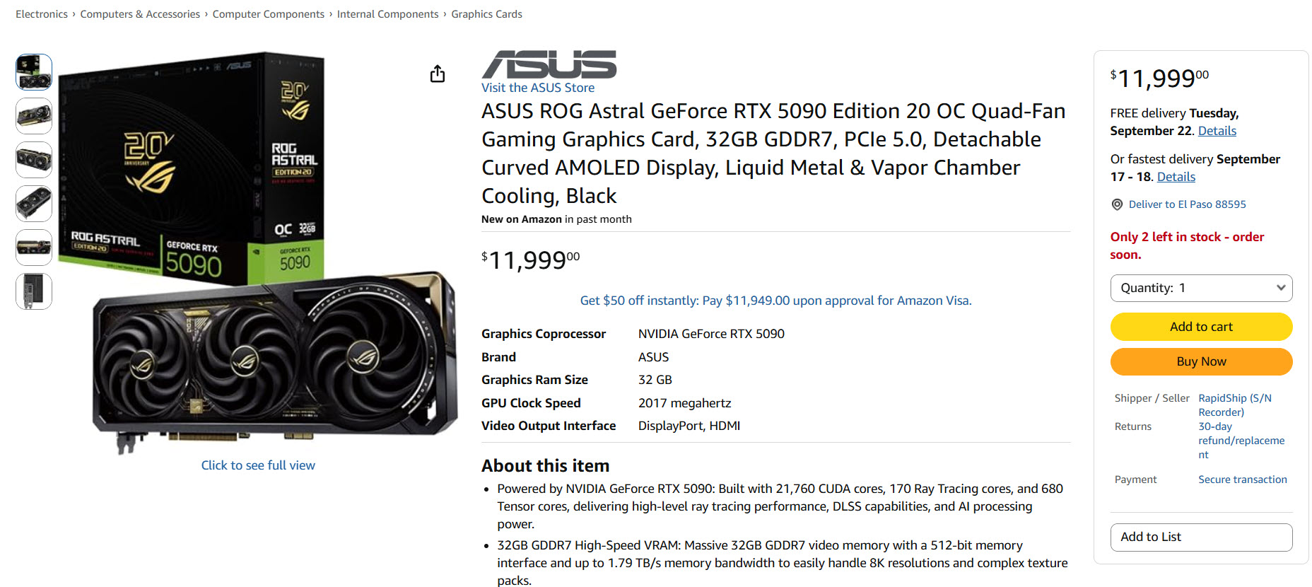 La carte graphique ASUS ROG Astral GeForce RTX 5090 Edition 20 OC est présentée avec son packaging et un prix de 11999€.