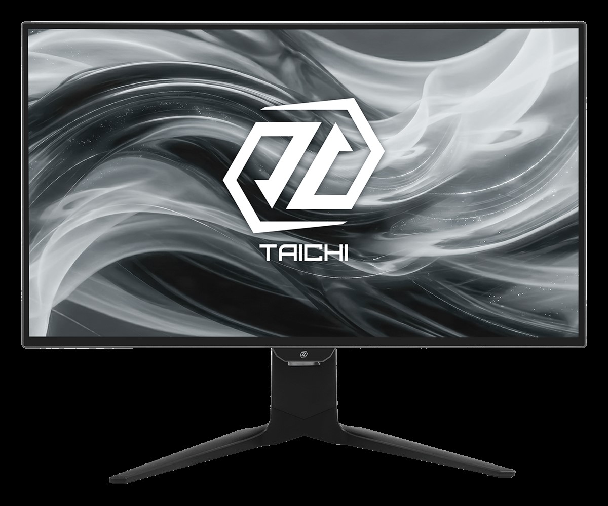 Un moniteur d'ordinateur affichant le logo ASRock Taichi sur un fond abstrait noir et blanc.