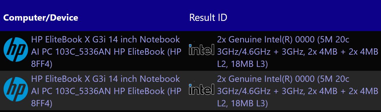 A table shows two HP EliteBook X G3i 14 inch Notebooks, each with '2x Genuine Intel(R) 0000' processors, and specifications of '3GHz/4.6GHz + 3GHz, 2x 4MB + 2x 4MB L2, 18MB L3'.