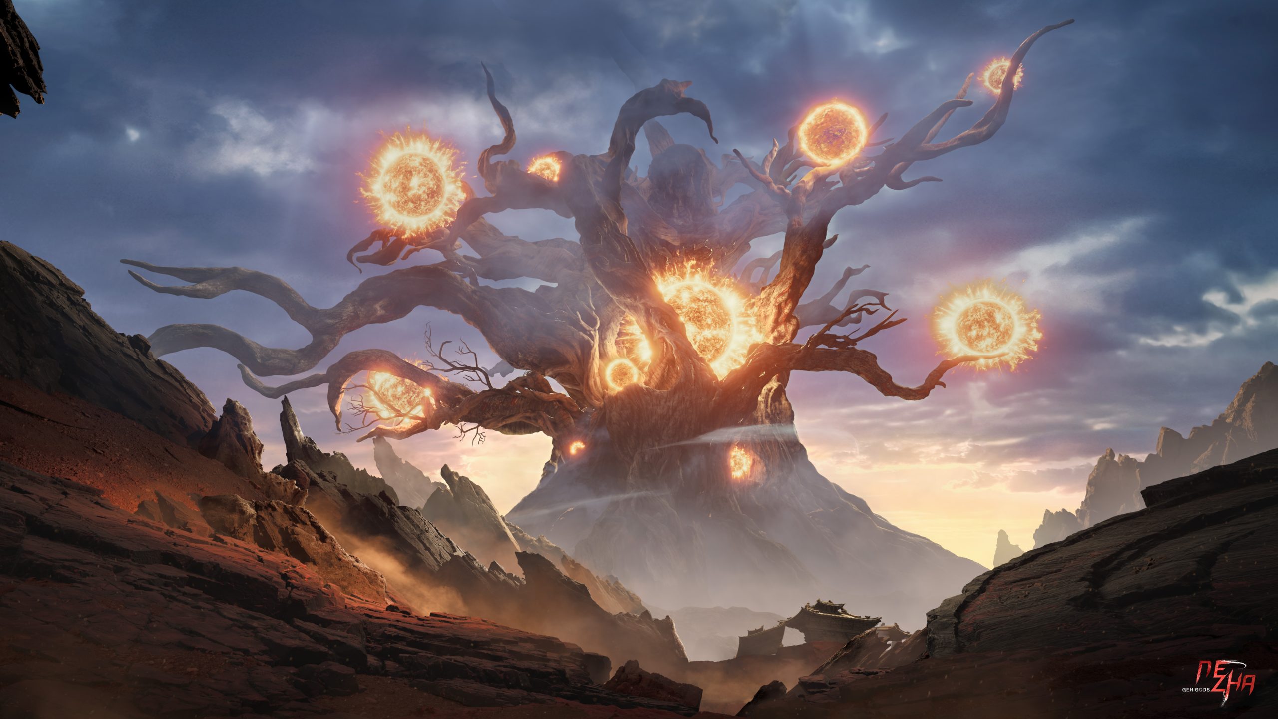 Un arbre mystique avec des orbes lumineux est enraciné sur un terrain rocheux sous un ciel dramatique, avec le logo 'NE ZHA' dans le coin inférieur.