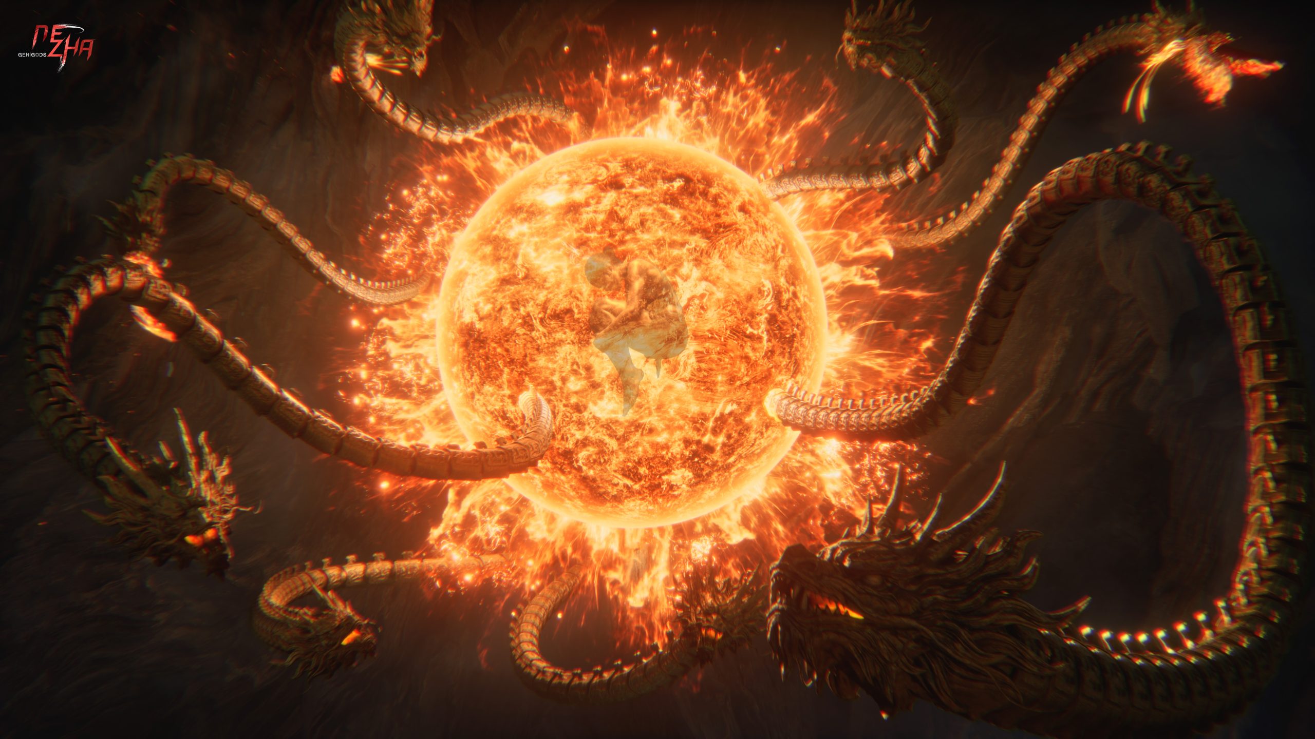 Une sphère de feu est entourée de multiples têtes et corps de dragon, avec le titre 'Nezha' visible en haut à gauche.