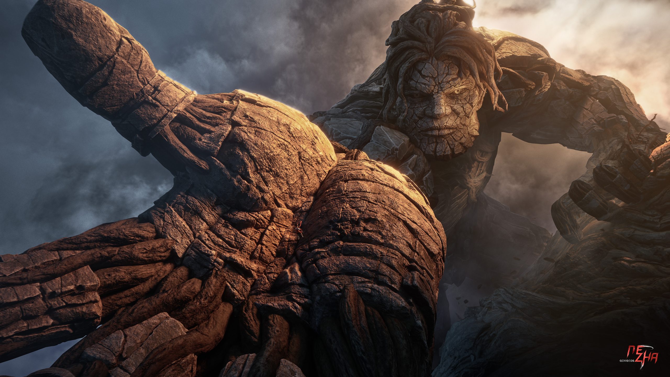 Un géant de pierre massif du jeu Genigods: Nezha domine un paysage rocheux sous un ciel nuageux, avec le logo 'Nezha' dans le coin inférieur.