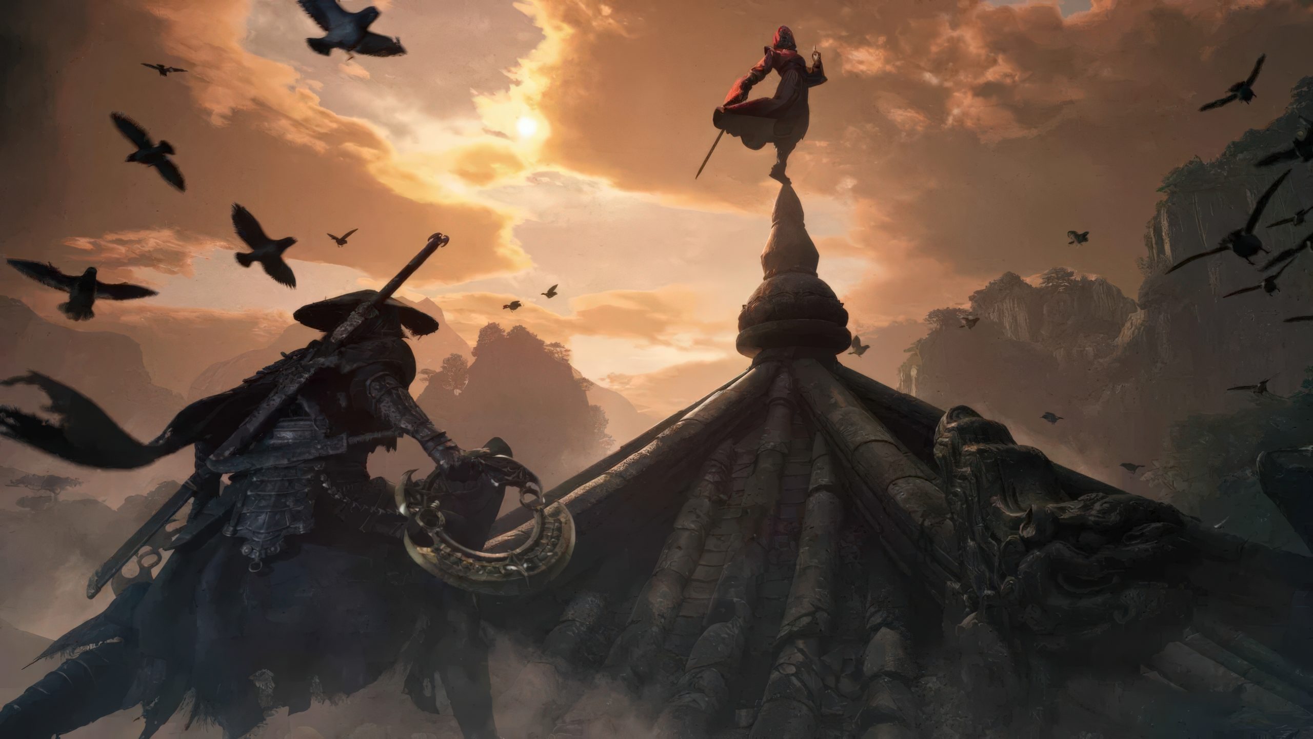 Un personnage se tient sur un toit, des oiseaux volant autour, dans un paysage montagneux au coucher du soleil.