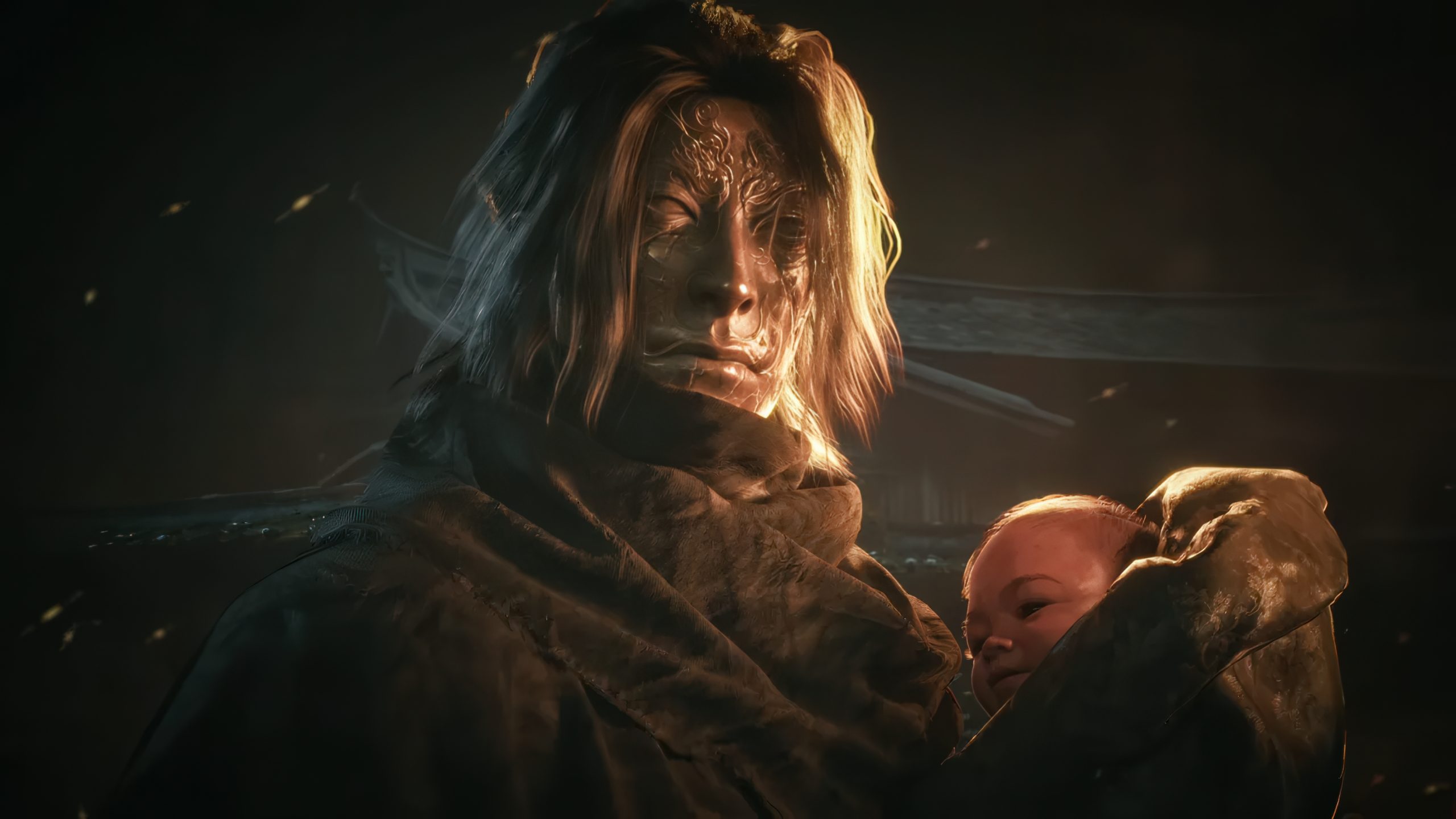 Un personnage aux marques faciales complexes tient un bébé dans un cadre sombre et atmosphérique.