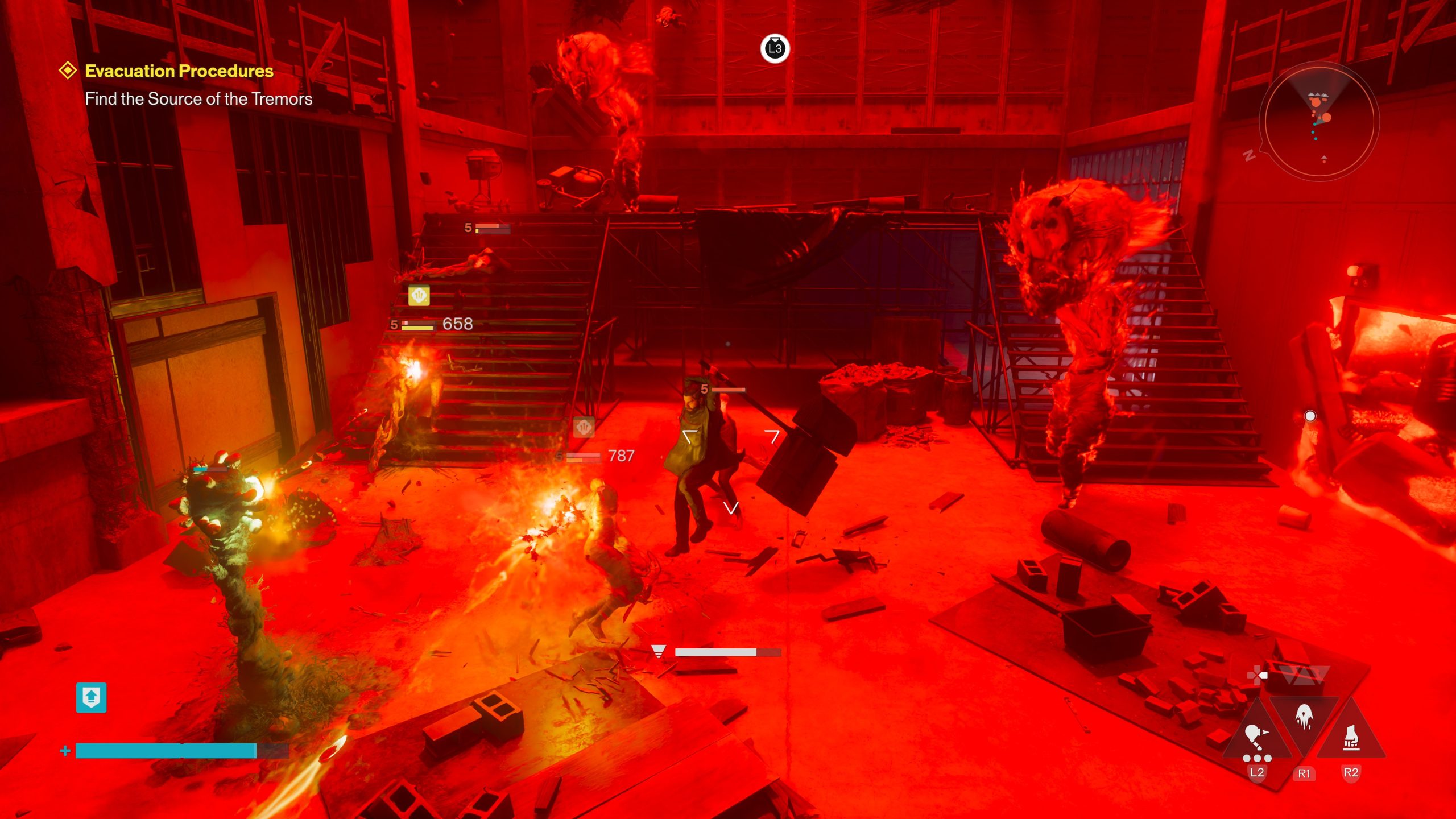A character in the game Control is fighting multiple enemies in a red-lit room with the mission objective 'Evacuation Procedures: Find the Source of the Tremors' displayed on-screen.