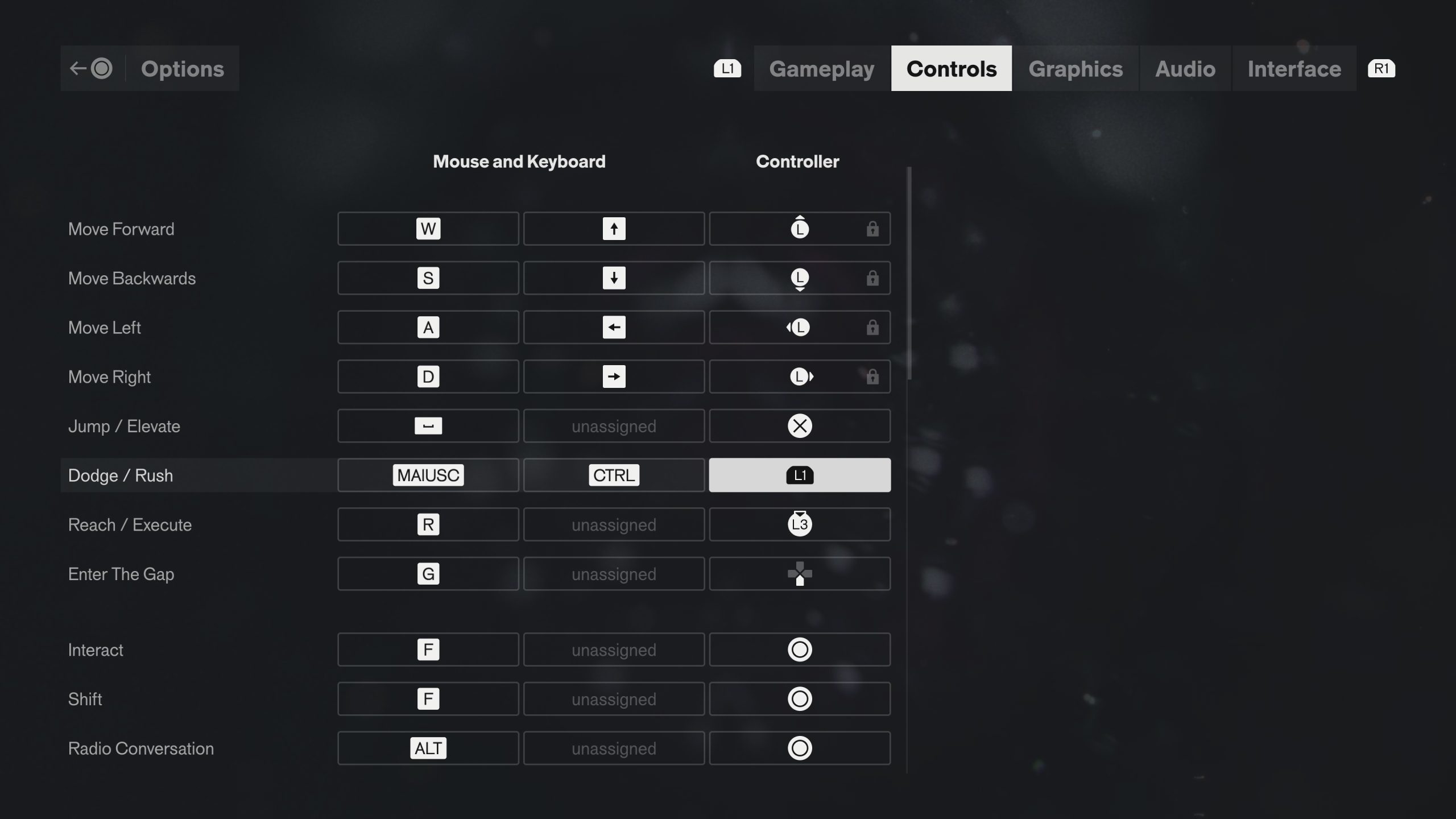 Menu des paramètres de contrôle d'un jeu, affichant les raccourcis clavier et les mappings manette pour des actions comme 'Avancer' (Z), 'Esquiver / Charge' (MAJ, CTRL, L1) et 'Conversation Radio' (ALT).