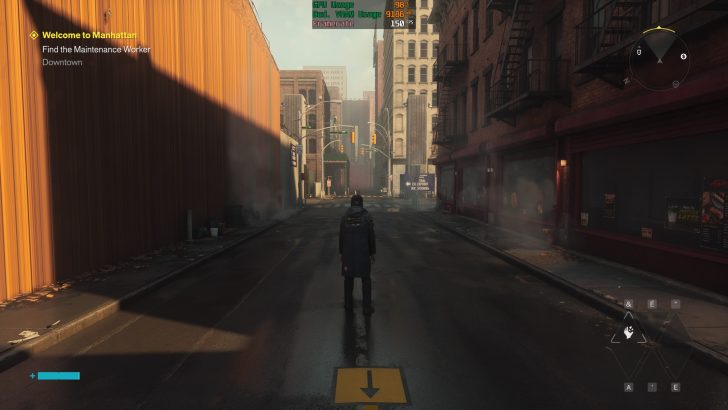 Un personnage de jeu se tient sur une rue déserte de Manhattan avec le texte à l'écran 'Welcome to Manhattan', montrant 'GPU Usage 98%' et 'Framerate 150 FPS'.