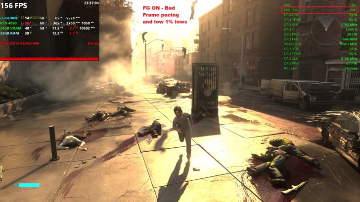 Une scène de jeu montre un personnage marchant dans une rue tachée de sang. Les métriques à l'écran affichent 'FG ON - Mauvais cadencement et bas creux 1%' ; le matériel inclut un CPU Intel i7-14700K et un GPU NVIDIA RTX 4090, '156 FPS' est visible en haut à gauche.