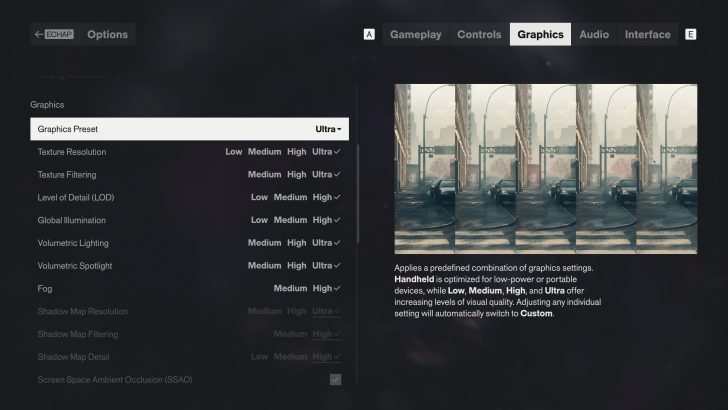 L'image affiche un menu de paramètres de jeu avec 'Graphics Preset' réglé sur 'Ultra', à côté d'options sélectionnables pour la résolution des textures, le filtrage et d'autres fonctionnalités graphiques.