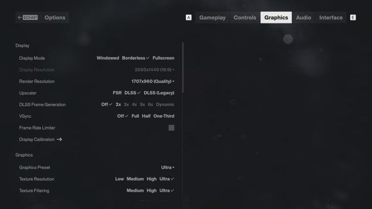 Un menu de paramètres graphiques dans un jeu montre des options pour le mode d'affichage, la résolution définie sur '2560x1440 (16:9)', la résolution de rendu sur '1707x960 (Quality)', des options de suréchantillonnage incluant FSR et DLSS, et le préréglage graphique sur 'Ultra'.