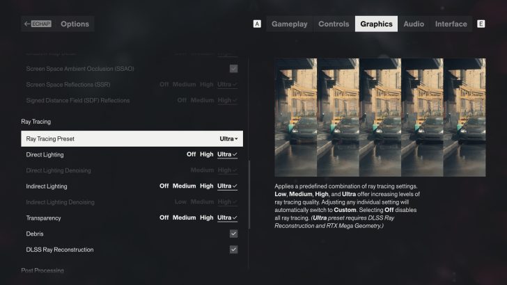 Le menu des paramètres graphiques d'un jeu montre 'Ray Tracing Preset' réglé sur 'Ultra' avec des options pour l'éclairage direct et indirect, la transparence, et DLSS ray reconstruction.