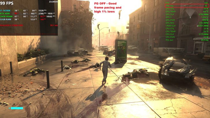 Un personnage traverse une rue ensoleillée. Le texte à l'écran indique 'FG OFF - Bon cadencement et haut creux 1%', avec les stats matérielles pour un Intel i7-14700K et une GeForce RTX 4090, affichant 99% d'utilisation du GPU.