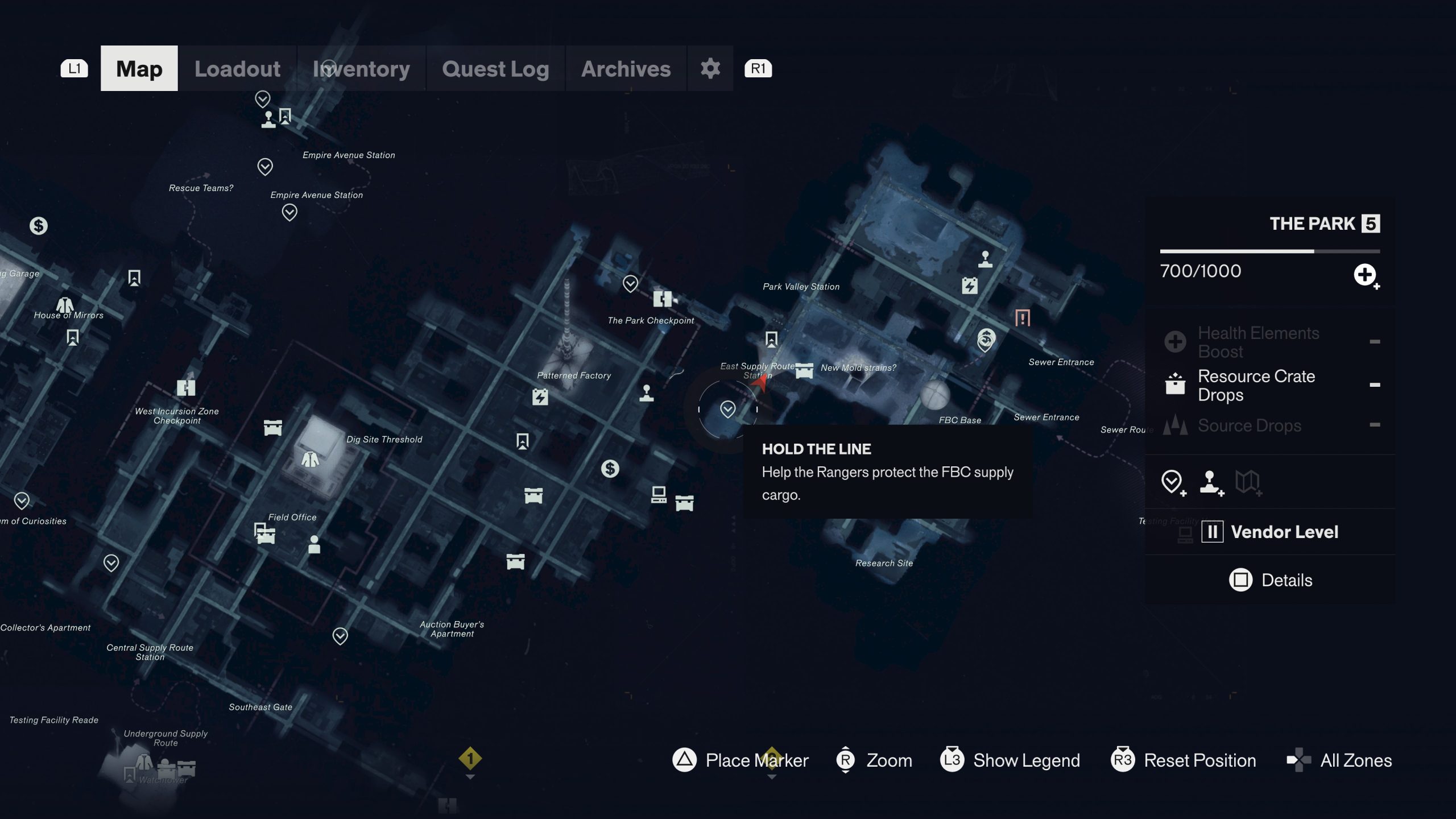 Une interface cartographique du jeu 'Control' affiche une zone nommée The Park. Une invite de mission indique 'Hold the Line : Aidez les Rangers à protéger la cargaison de ravitaillement du FBC'.
