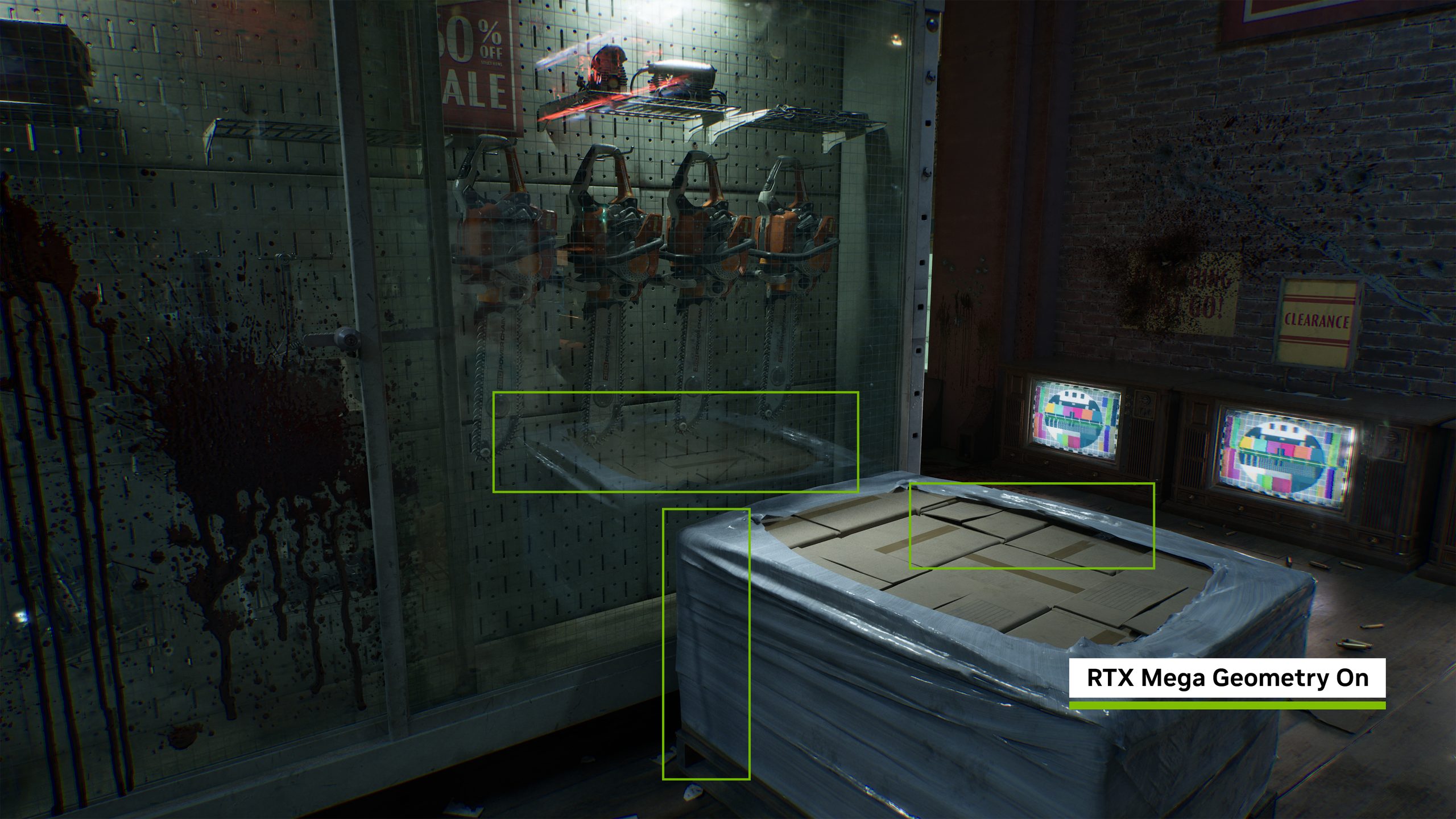A scene from the game Atomic Heart shows a store display with chainsaws and 'RTX Mega Geometry On' highlighted at the bottom.