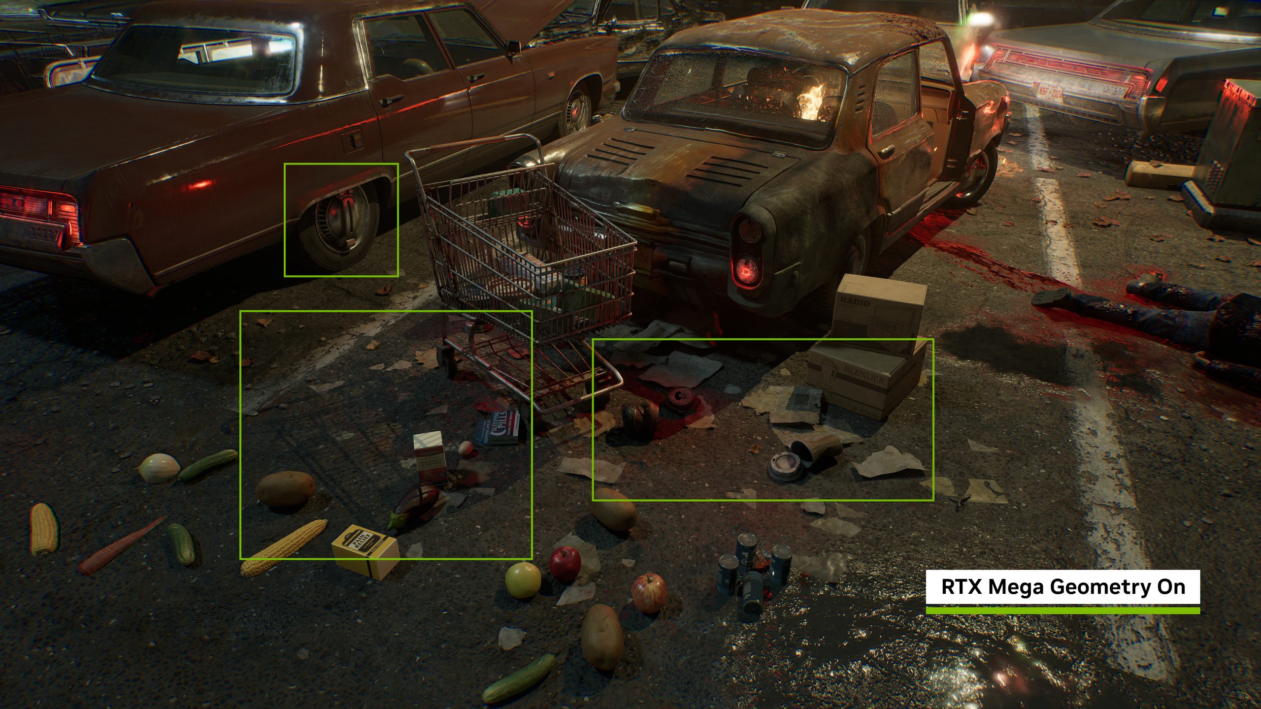 A cluttered street with scattered groceries and a shopping cart is shown in a game scene with the feature 'RTX Mega Geometry On' highlighted.
