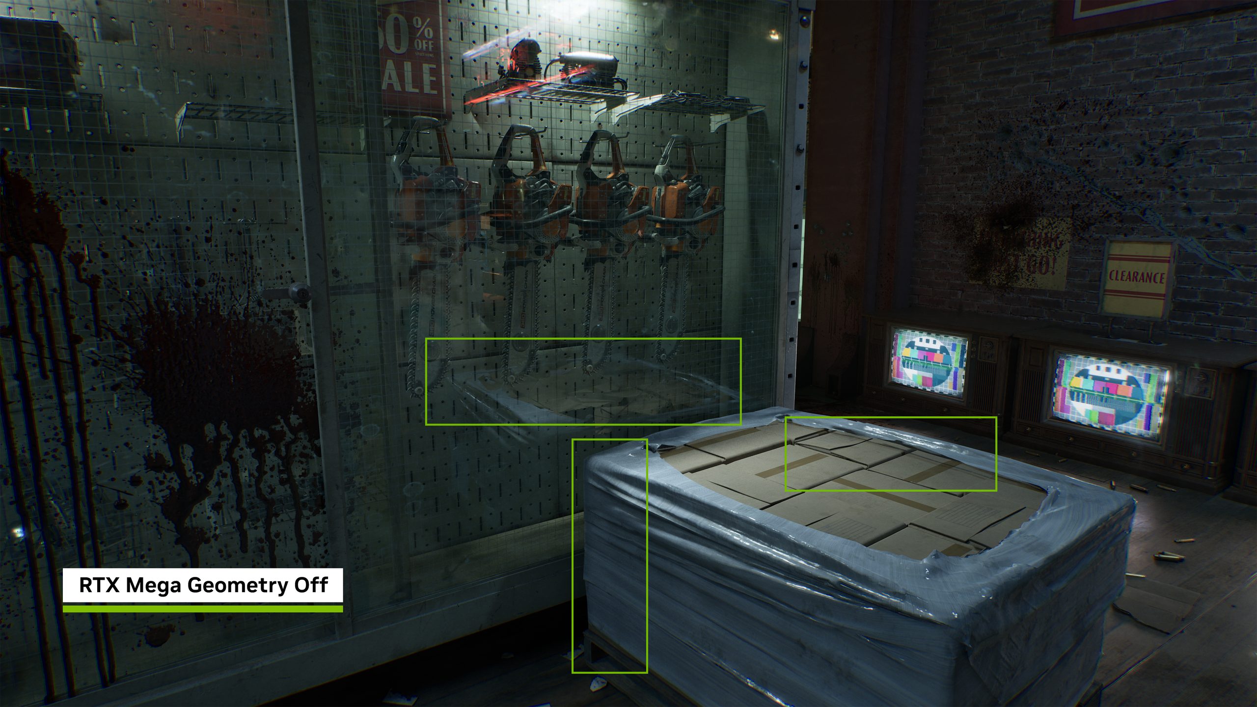A screenshot from a video game shows a dimly lit hardware store with bloody glass showcasing chainsaws, and an on-screen message reads 'RTX Mega Geometry Off.'