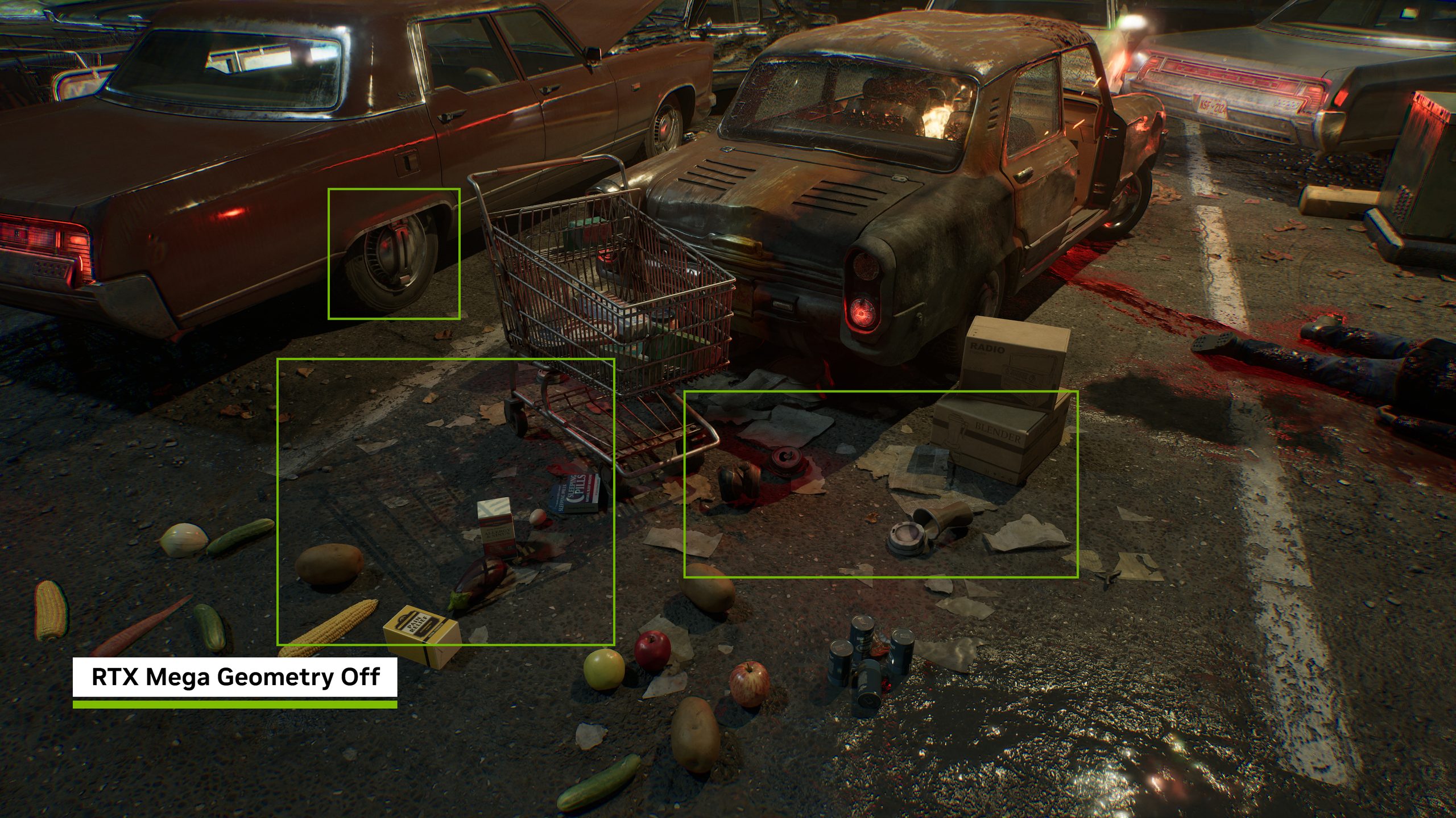 A dimly lit scene from a game shows a cluttered parking lot with an abandoned shopping cart, overripe fruits, and cars, with an on-image label 'RTX Mega Geometry Off'.