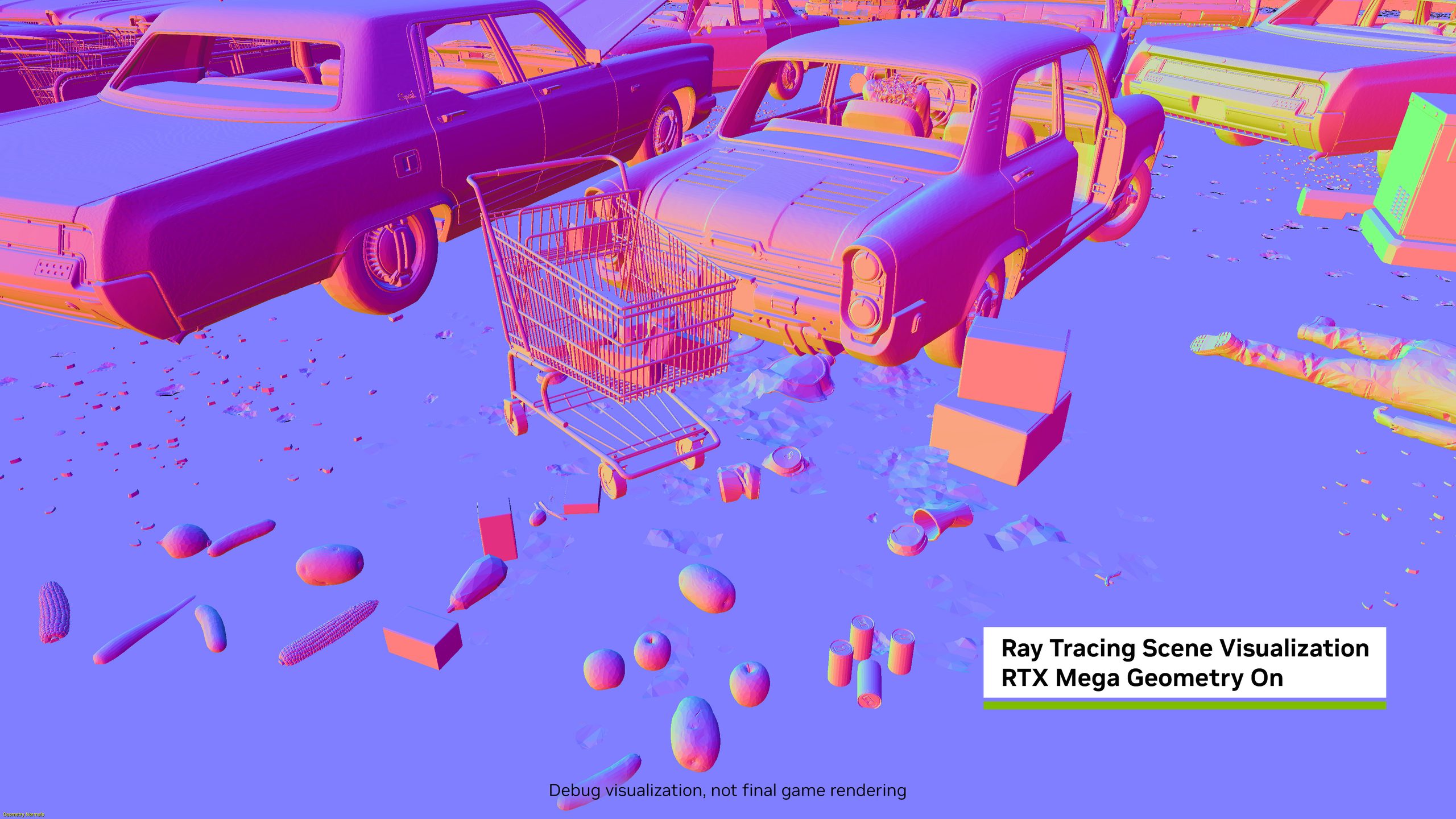 A scene visualization showing vehicles, a shopping cart, and scattered objects with 'Ray Tracing Scene Visualization RTX Mega Geometry On' text.