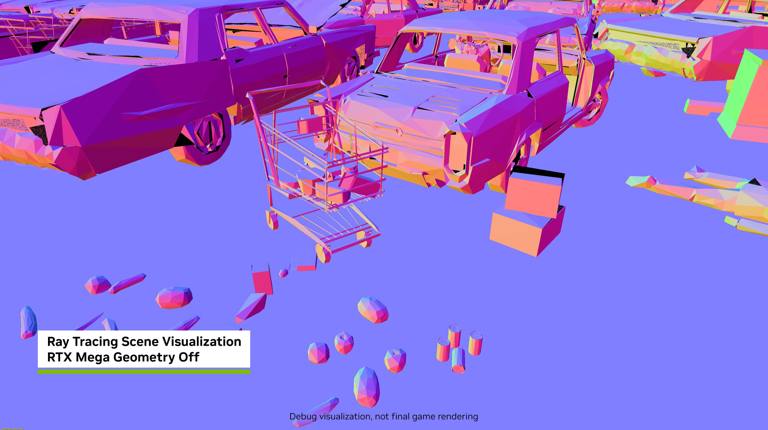 A colorful, polygonal visual of cars and shopping carts is titled 'Ray Tracing Scene Visualization RTX Mega Geometry Off' with a note stating 'Debug visualization, not final game rendering.'