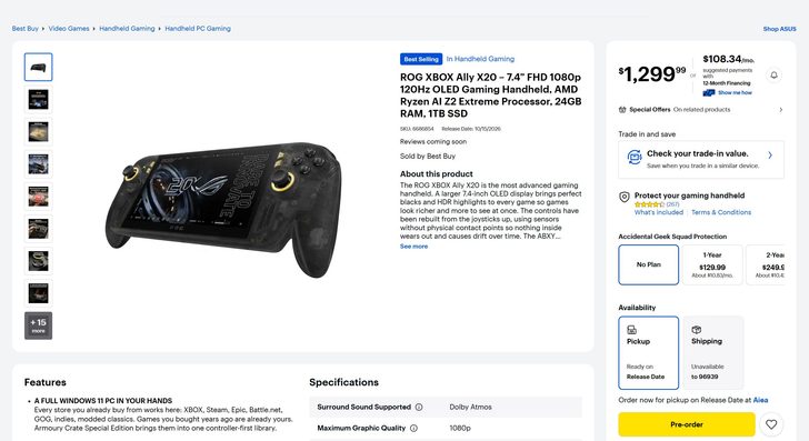 La fiche produit de la ROG Xbox Ally X20 sur le site de Best Buy, affichant le prix et les caractéristiques.