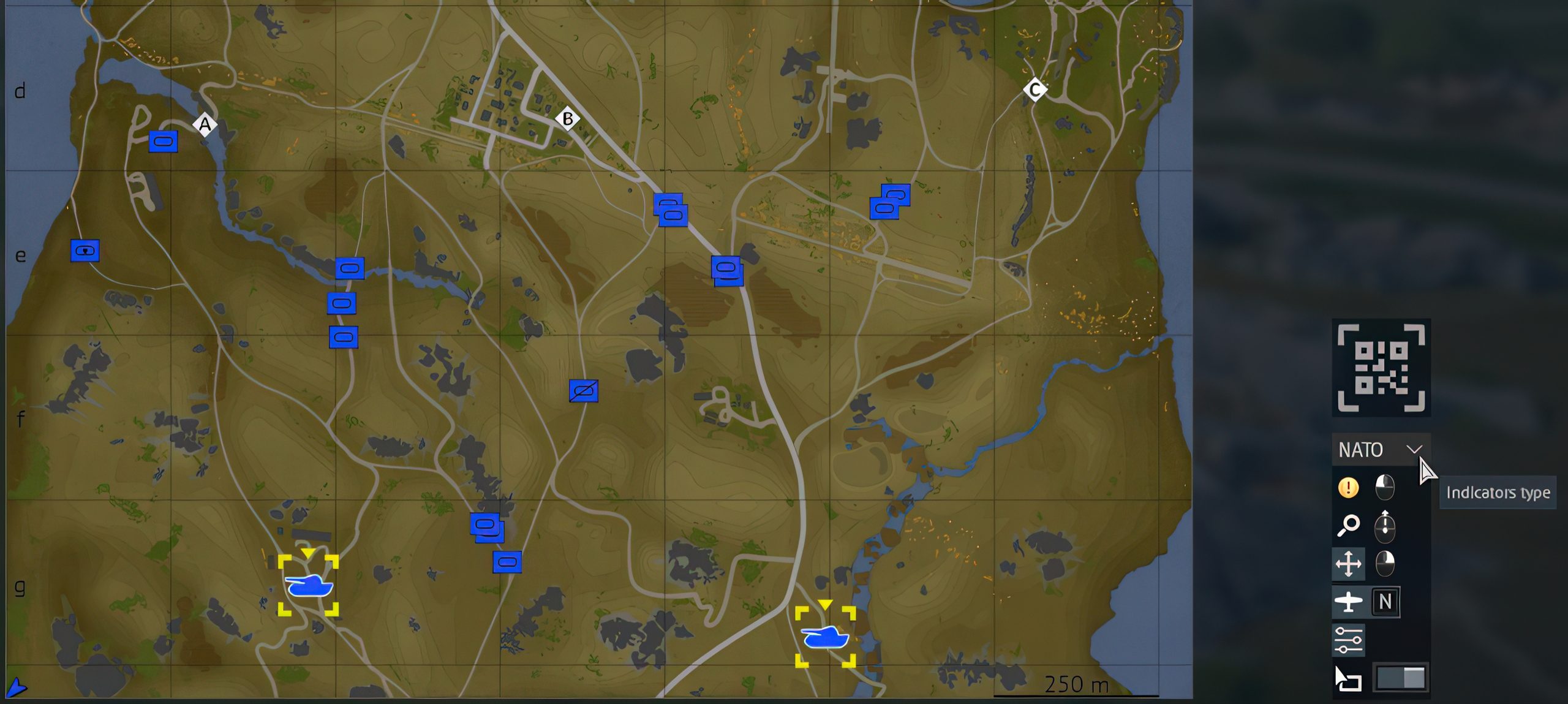 Une carte de jeu détaillée d'un jeu de simulation militaire affiche divers marqueurs, avec un type d'indicateur 'OTAN' sélectionné, et des détails géographiques incluant routes, plans d'eau et élévation du terrain.